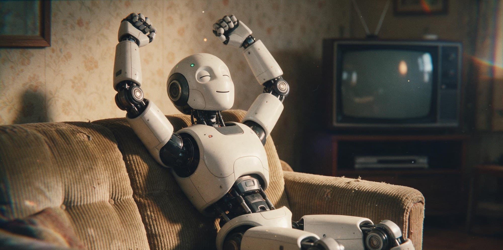 A humanoid robot leaning back on a sofa with its arms raised